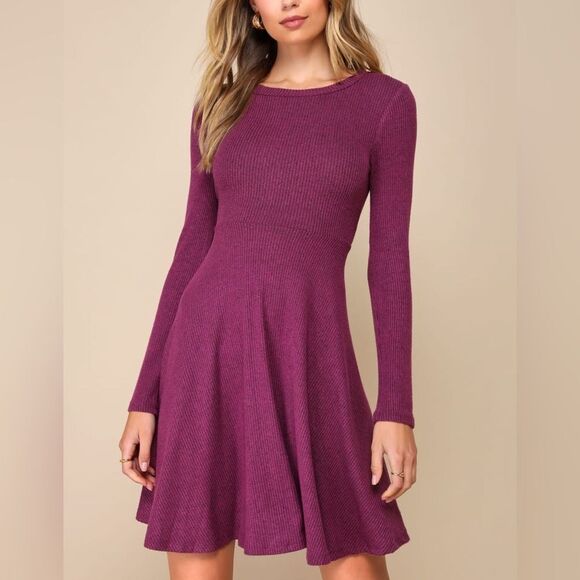 NWT Lulus Fit and Fair Mauve Purple Ribbed Knit Long Sleeve Skater Dress - Picture 3 of 10